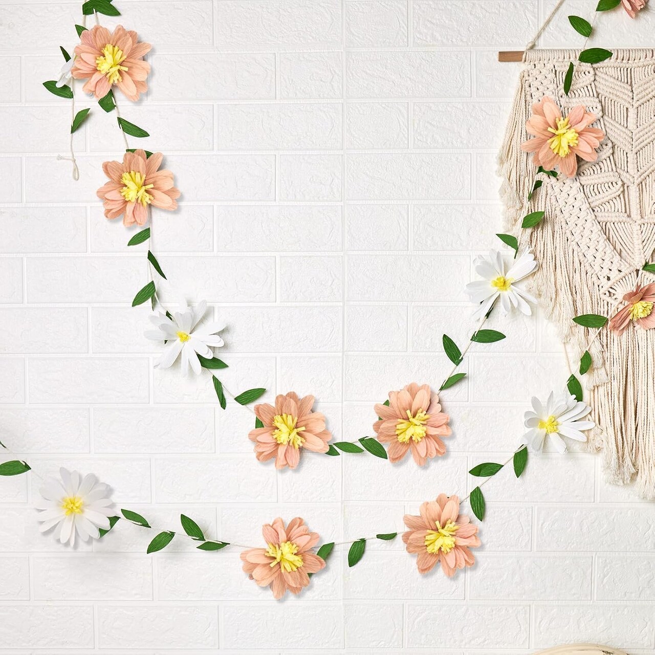 2-Piece Paper Flower Garland with Green Leaves - 8.2ft Floral Banner Vine for Wall, Wedding, Anniversary, and Birthday Decor